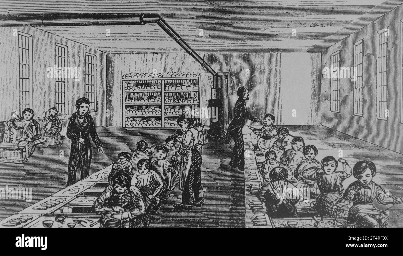 Enfants employés dans l'une des premières usines de fabrication. 19e siècle, révolution industrielle, Angleterre. Gravé, auteur inconnu. Banque D'Images