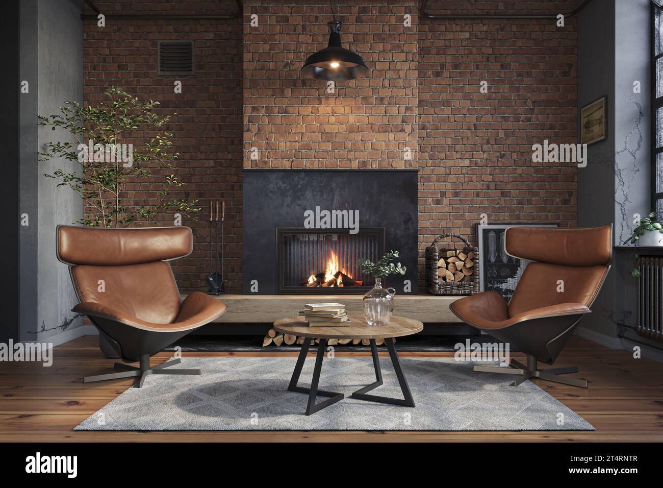 Décoration intérieure de salon en brique industrielle. Loft Appartement avec cheminée et parquet, rendu 3D. Banque D'Images