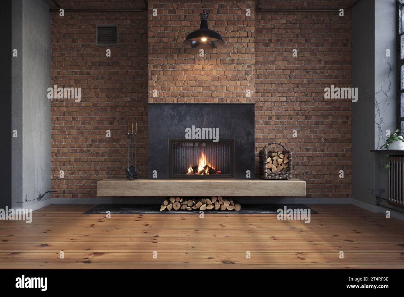 Décoration intérieure de salon en brique industrielle. Loft Appartement avec cheminée et parquet, rendu 3D. Banque D'Images