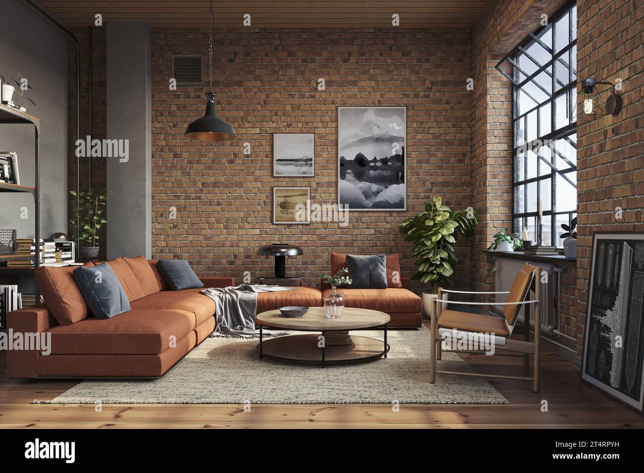 Décoration intérieure de salon en brique industrielle. Loft Appartement avec mobilier moderne et parquet, rendu 3D. Banque D'Images