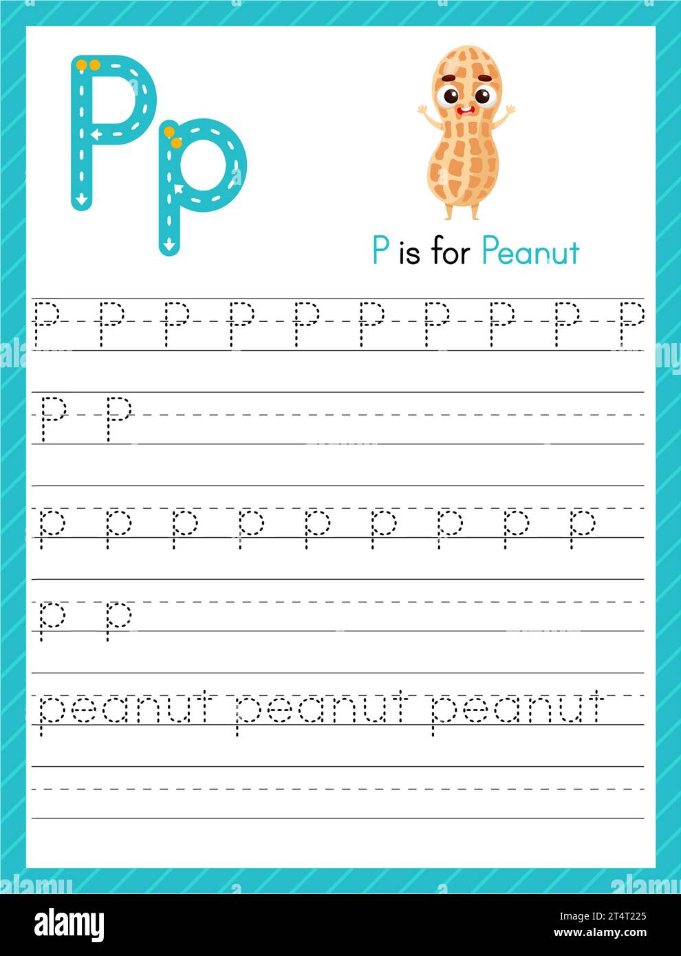 Tracer la lettre P en majuscules et en minuscules. Feuille de travail préscolaire de pratique de traçage d'alphabet pour les enfants apprenant l'anglais avec cacahuète de dessin animé. Page d'activité pour Illustration de Vecteur