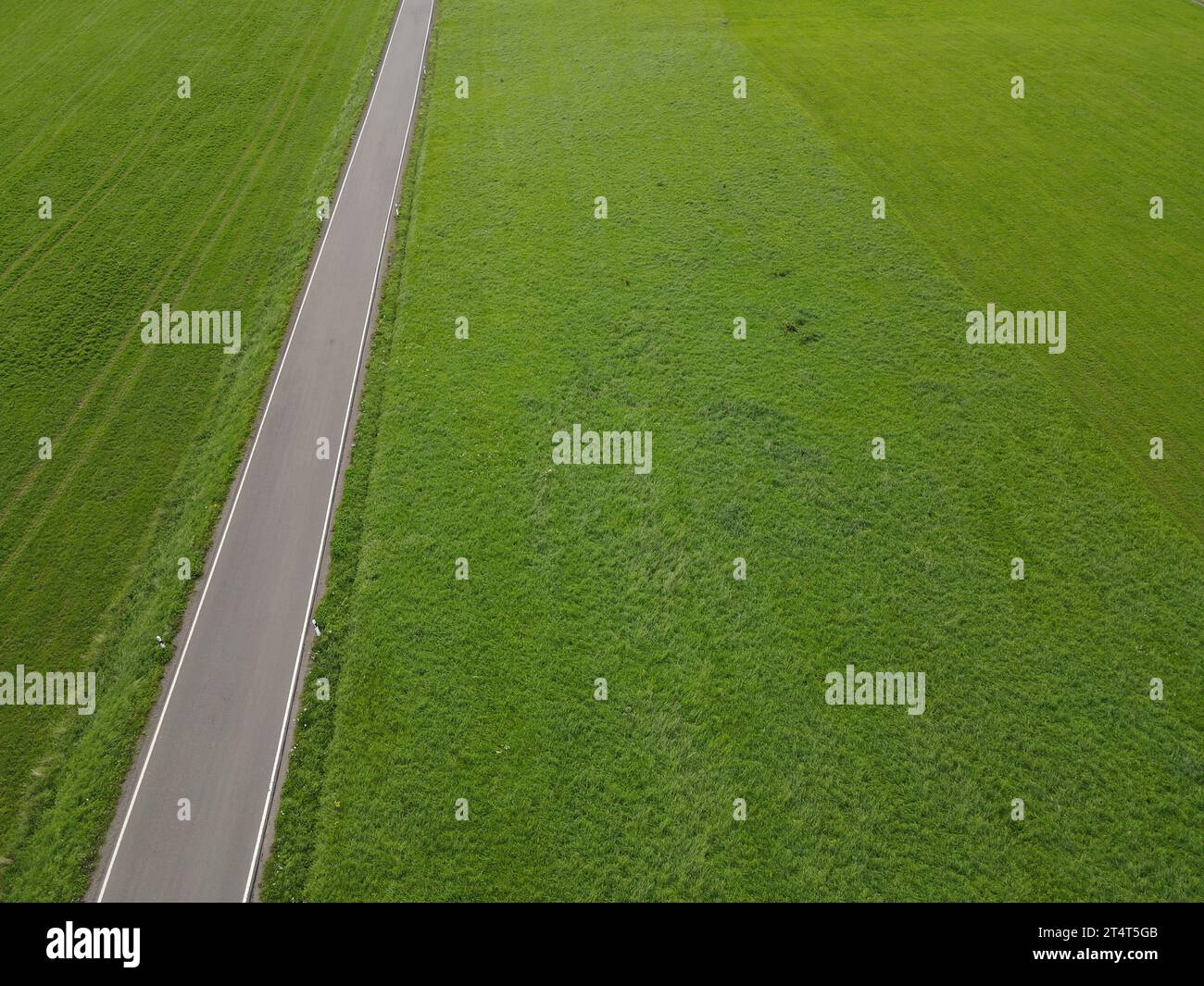 Vue aérienne d'une route droite entre les champs d'herbe dans le paysage Banque D'Images