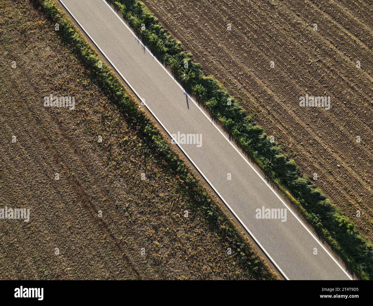 Vue aérienne d'une route entre champs agricoles bruns avec sol à la campagne Banque D'Images