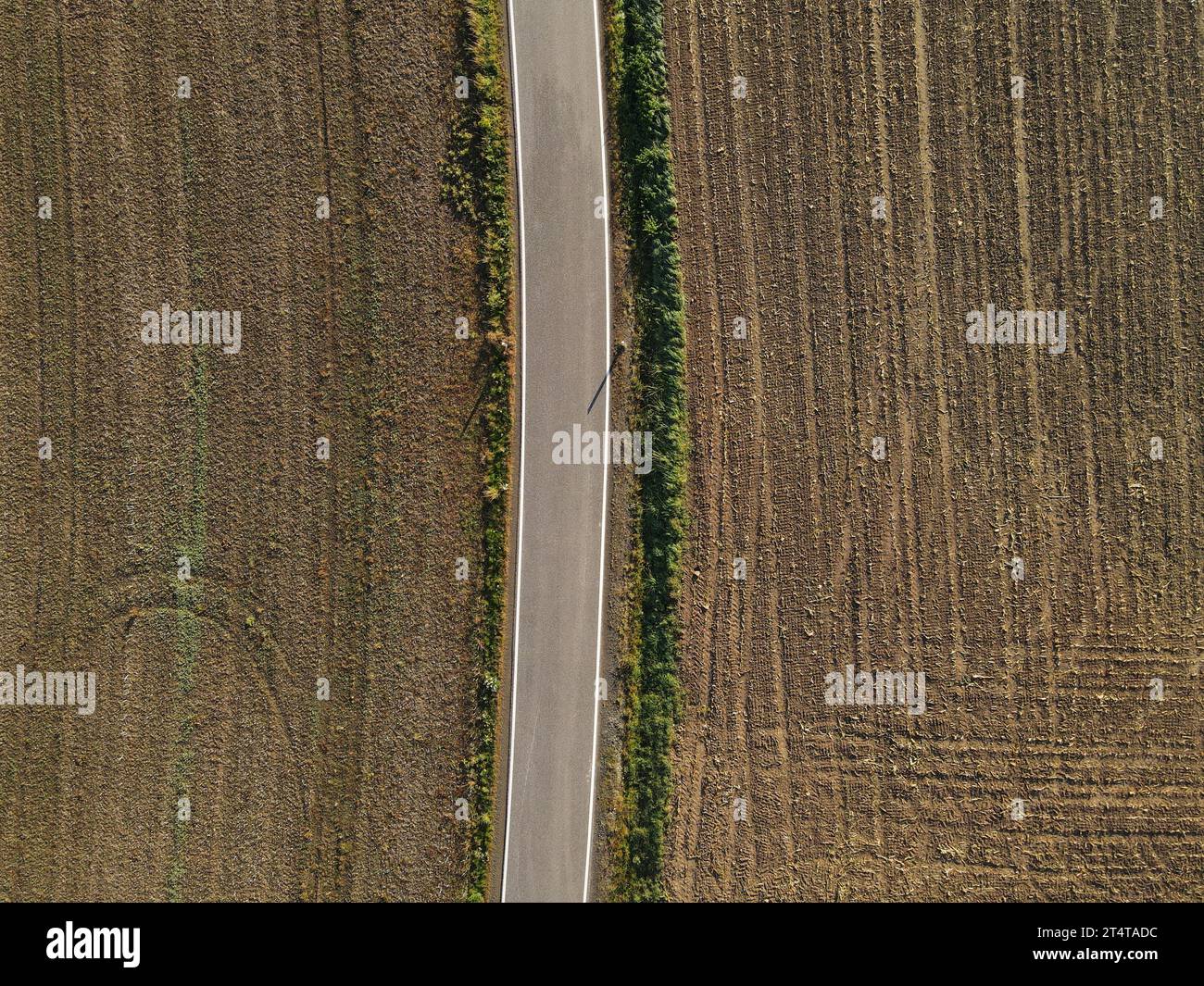 Vue aérienne d'une route entre champs agricoles bruns avec sol à la campagne Banque D'Images