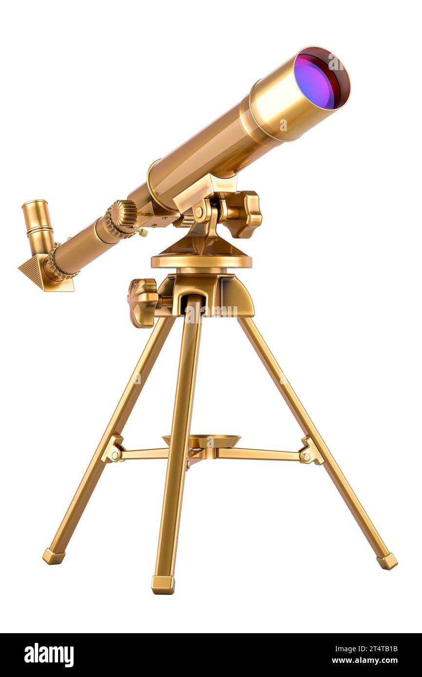Télescope doré avec trépied en acier robuste, rendu 3D isolé sur fond blanc Banque D'Images