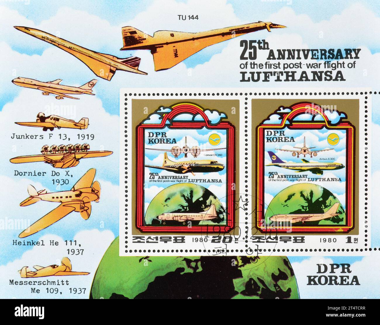 Bloc-feuillet avec timbres oblitérés imprimés par la Corée du Nord qui montrent des avions, 25e anniversaire du premier vol d'après-guerre de Lufthansa Banque D'Images
