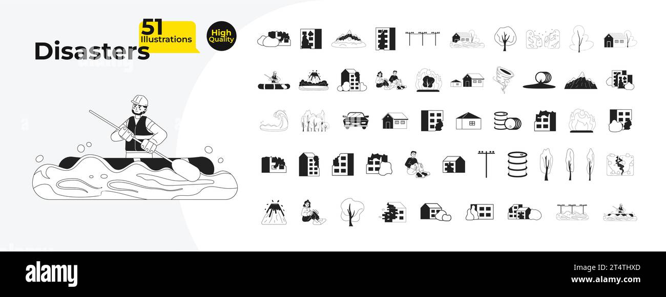 Catastrophes naturelles urbain noir et blanc dessin animé paquet plat d'illustration Illustration de Vecteur