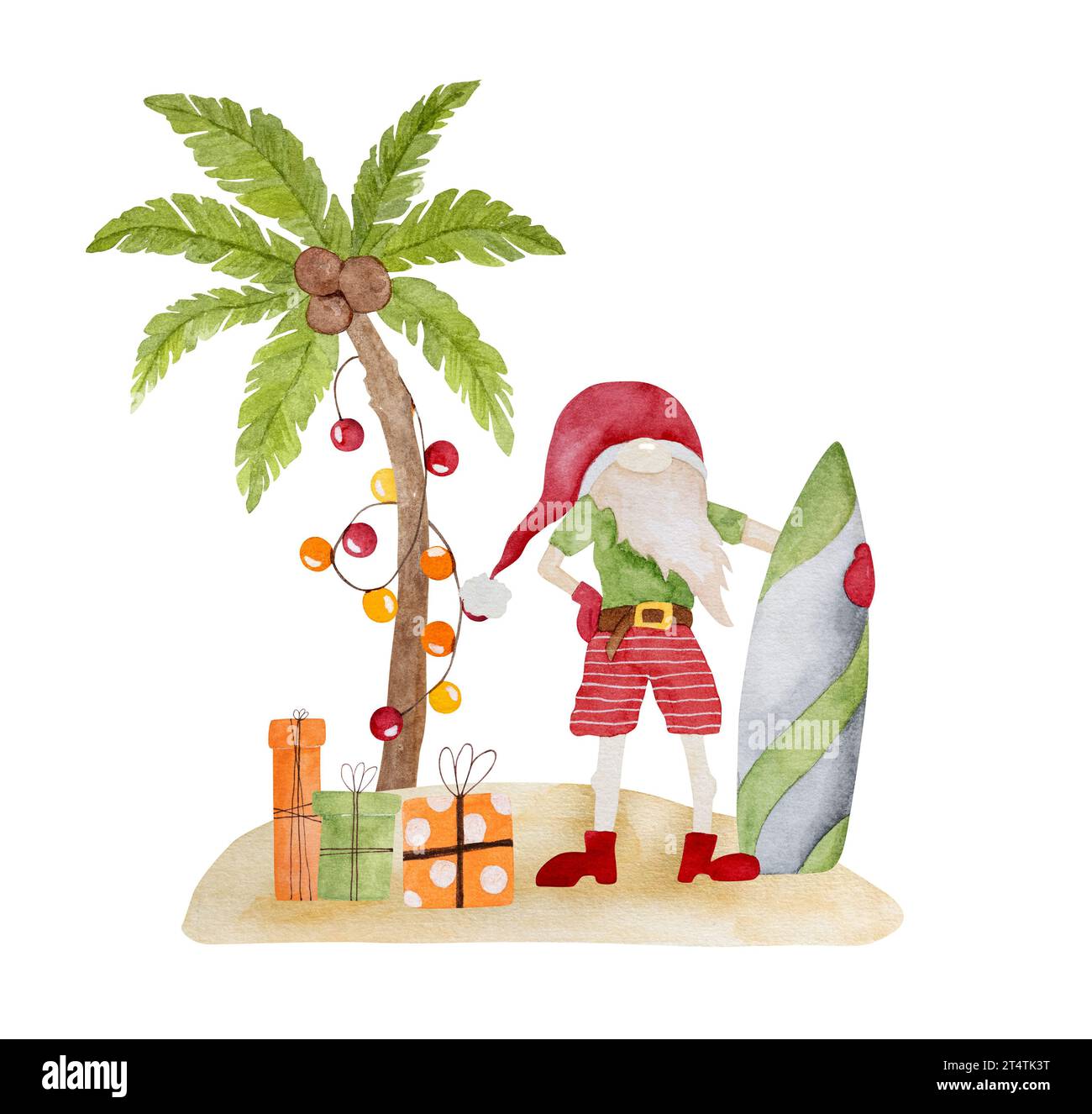 Peinture aquarelle joyeuse de noël des Caraïbes avec palmiers arbre de Noël, Père Noël avec planche de surf et cadeaux. Carte postale du nouvel an sur la plage tropicale Banque D'Images