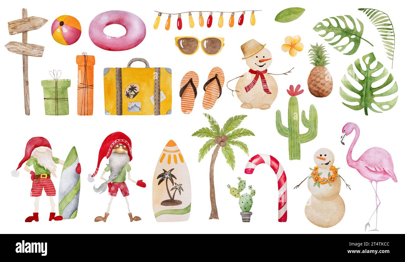 Peinture aquarelle joyeuse de noël des Caraïbes avec décoration de Noël, nains de plage et palmier. Carte postale tropicale du nouvel an avec bonhomme de neige et flamant rose Banque D'Images