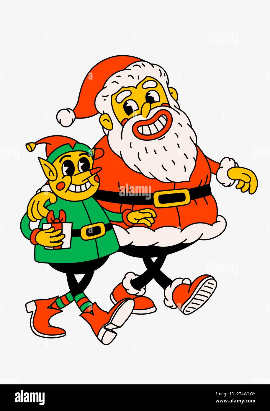 Dessin animé rétro Claus et Elf de Noël. Groovy vintage des années 70 Funny Santa et Elf personnages marchant bras dans bras Illustration de Vecteur