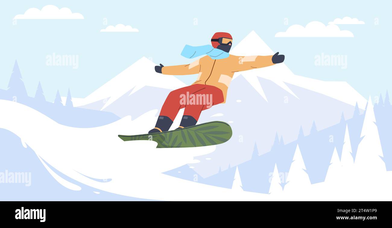 Homme snowboard en bas de la montagne enneigée. Sports extrêmes d'hiver. Garçon en casque et vêtements de sport. Freeride sur snowboard. Activités de plein air sur le complexe. Dessin animé Illustration de Vecteur