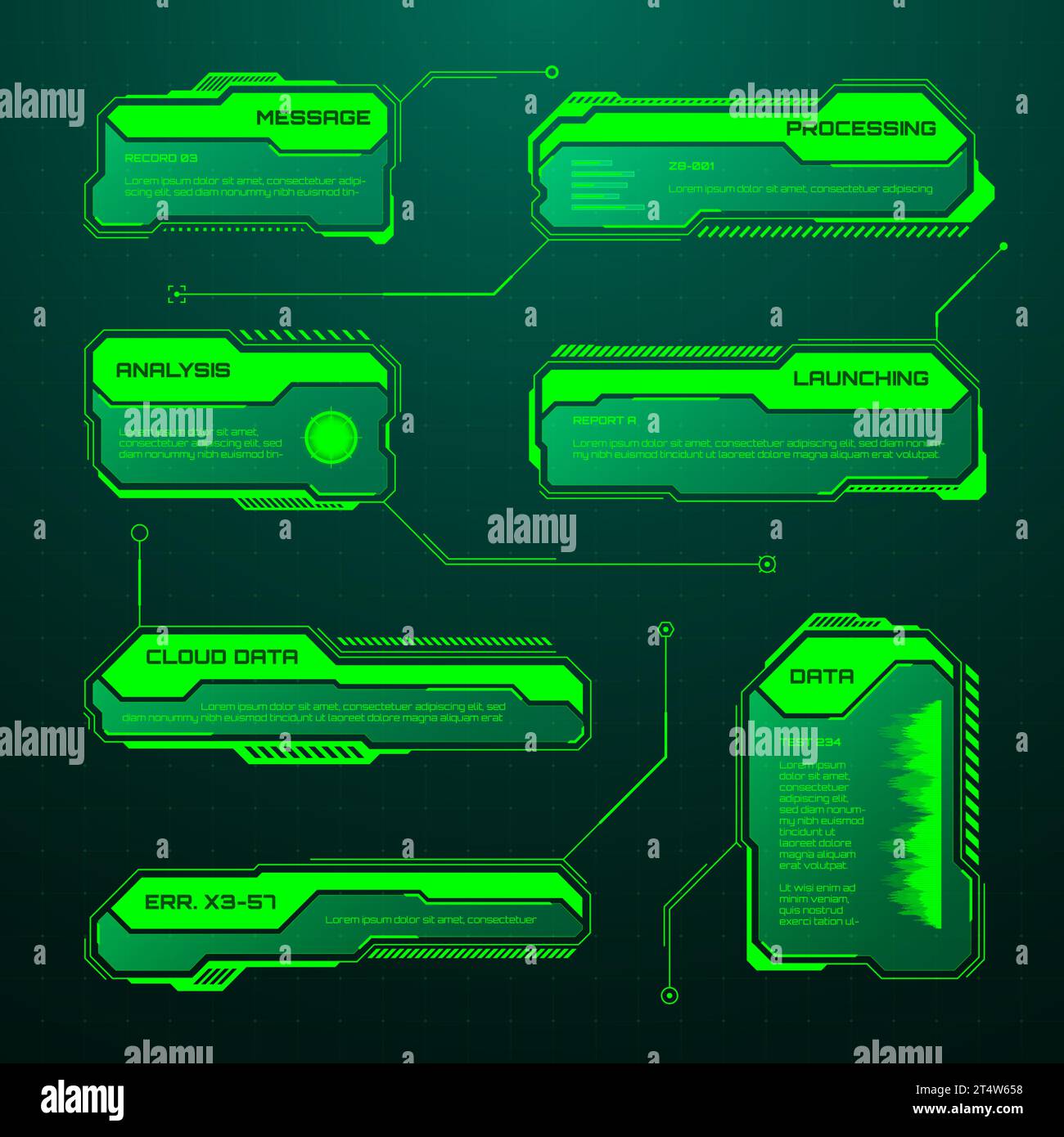 Affichage tête haute futuriste vert, éléments d'interface utilisateur. Zones de texte et légendes de l'interface utilisateur SCI-fi. Cadres de message d'avertissement, modèle de zones d'information. Jeu moderne Illustration de Vecteur