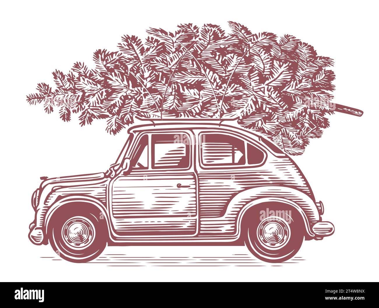 Voiture rétro avec arbre de Noël sur le dessus dans le style d'art de croquis. Illustration vectorielle vintage dessinée à la main Illustration de Vecteur