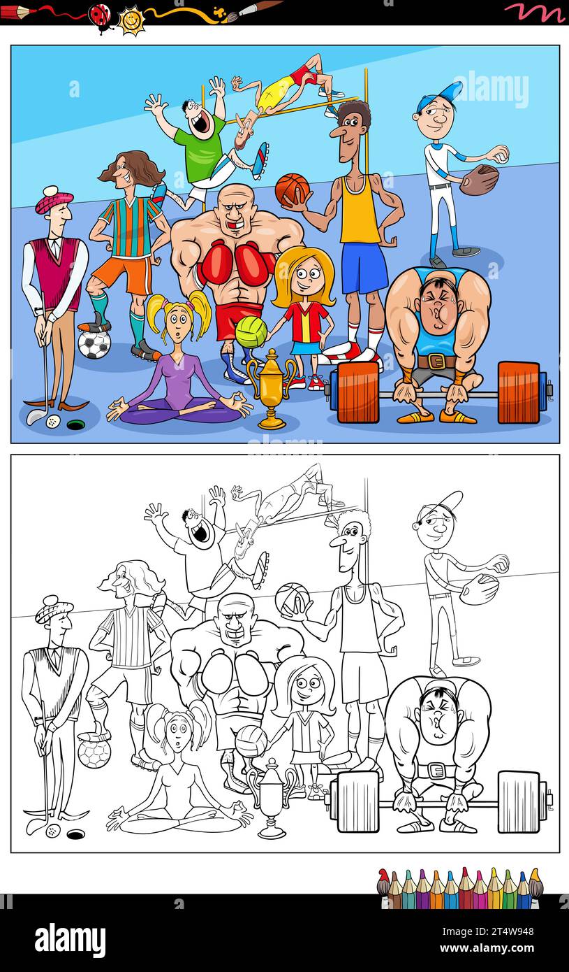 Illustrations de dessins animés d'athlètes drôles de différentes disciplines sportives coloriage Illustration de Vecteur