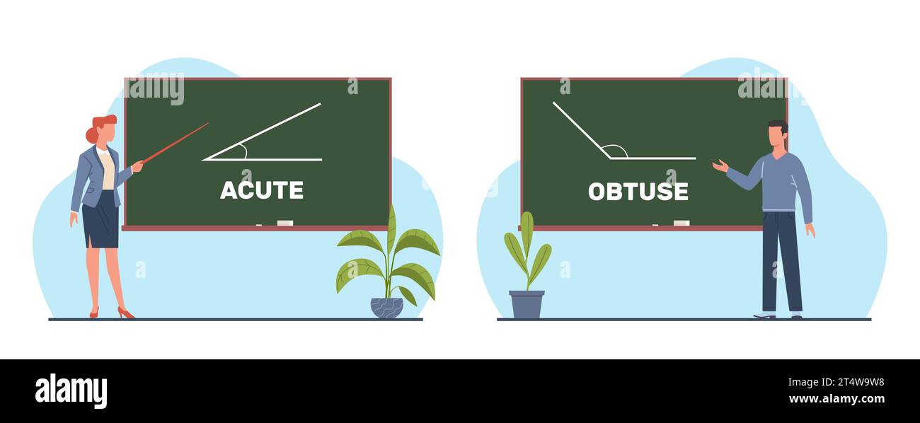 Les enseignants expliquent aigu et obtus. homme et femme près du tableau noir. leçon de mathématiques et de géométrie. Éducation à l'école ou au collège, style plat Cartoon Illustration de Vecteur