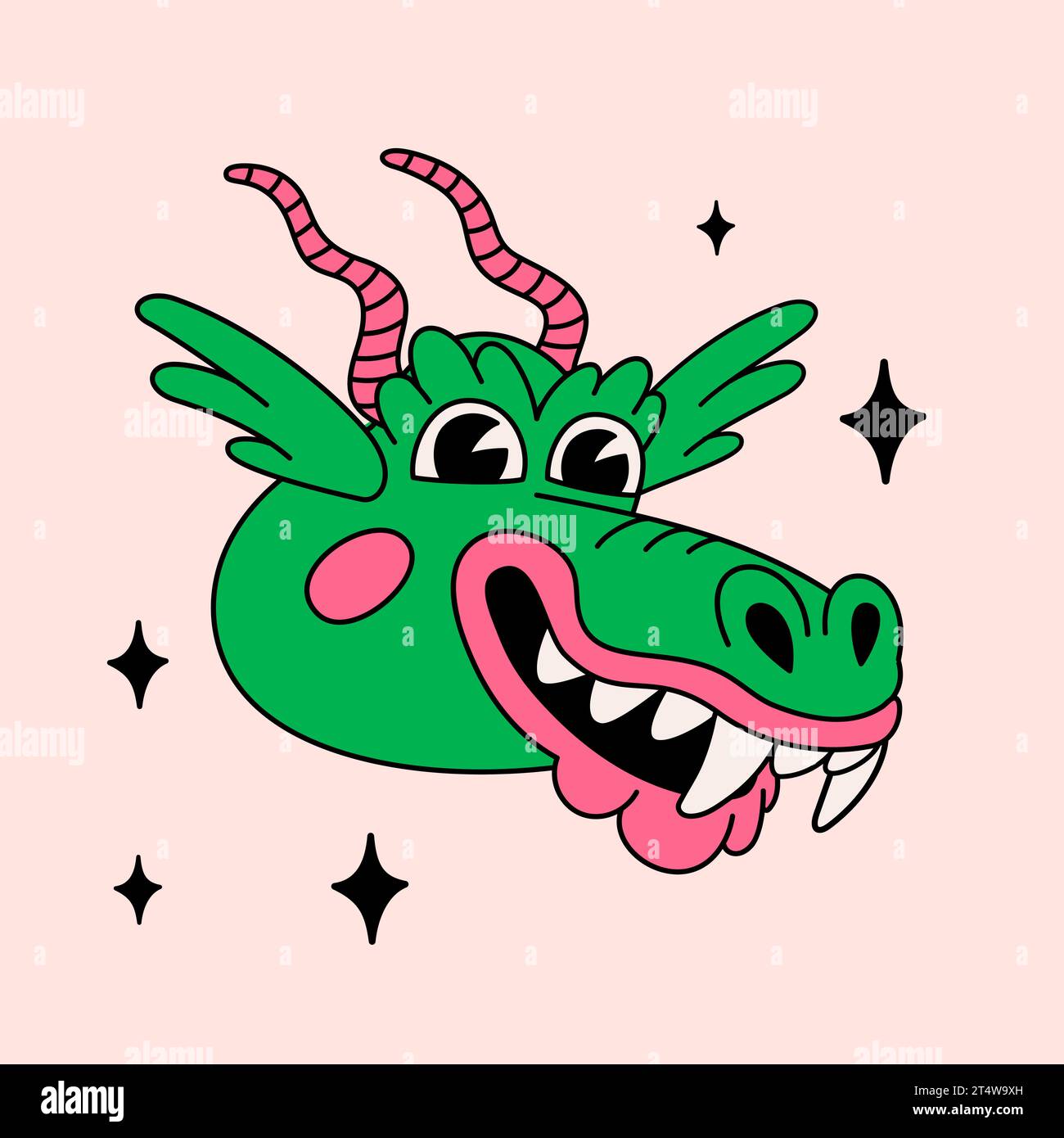 Style rétro drôle de dessin animé tête de dragon. Groovy vintage des années 70, symbole de caractère du nouvel an chinois. Idéal pour les motifs festifs, autocollants, décorations, Illustration de Vecteur