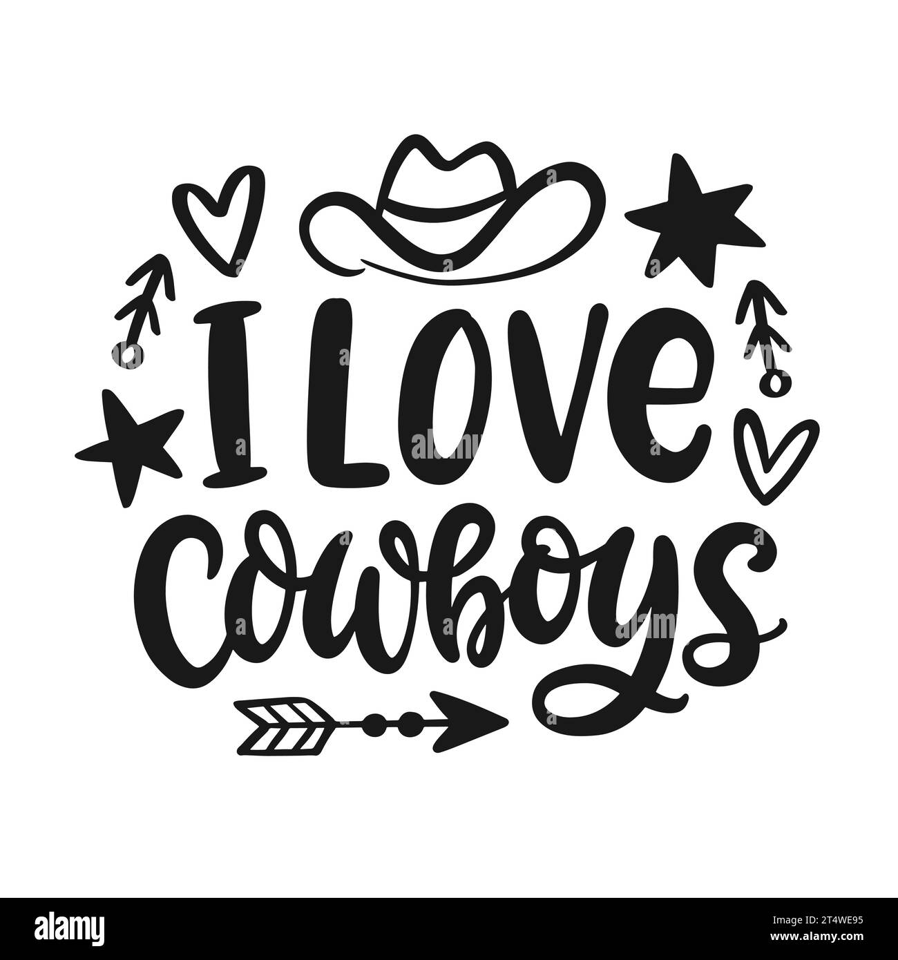 J'adore les cow-boys Wild West lettrage écrit à la main Illustration de Vecteur