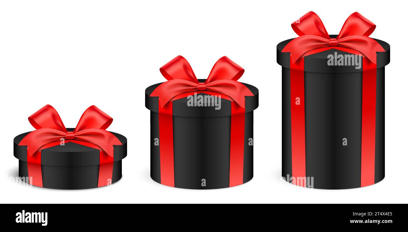 Boîtes-cadeaux noires de forme ronde de différentes hauteurs enveloppées de rubans rouges, isolées sur fond. Grand, bas et taille normale ensemble de boîte-cadeau cylindrique réaliste, illustration vectorielle. Illustration de Vecteur