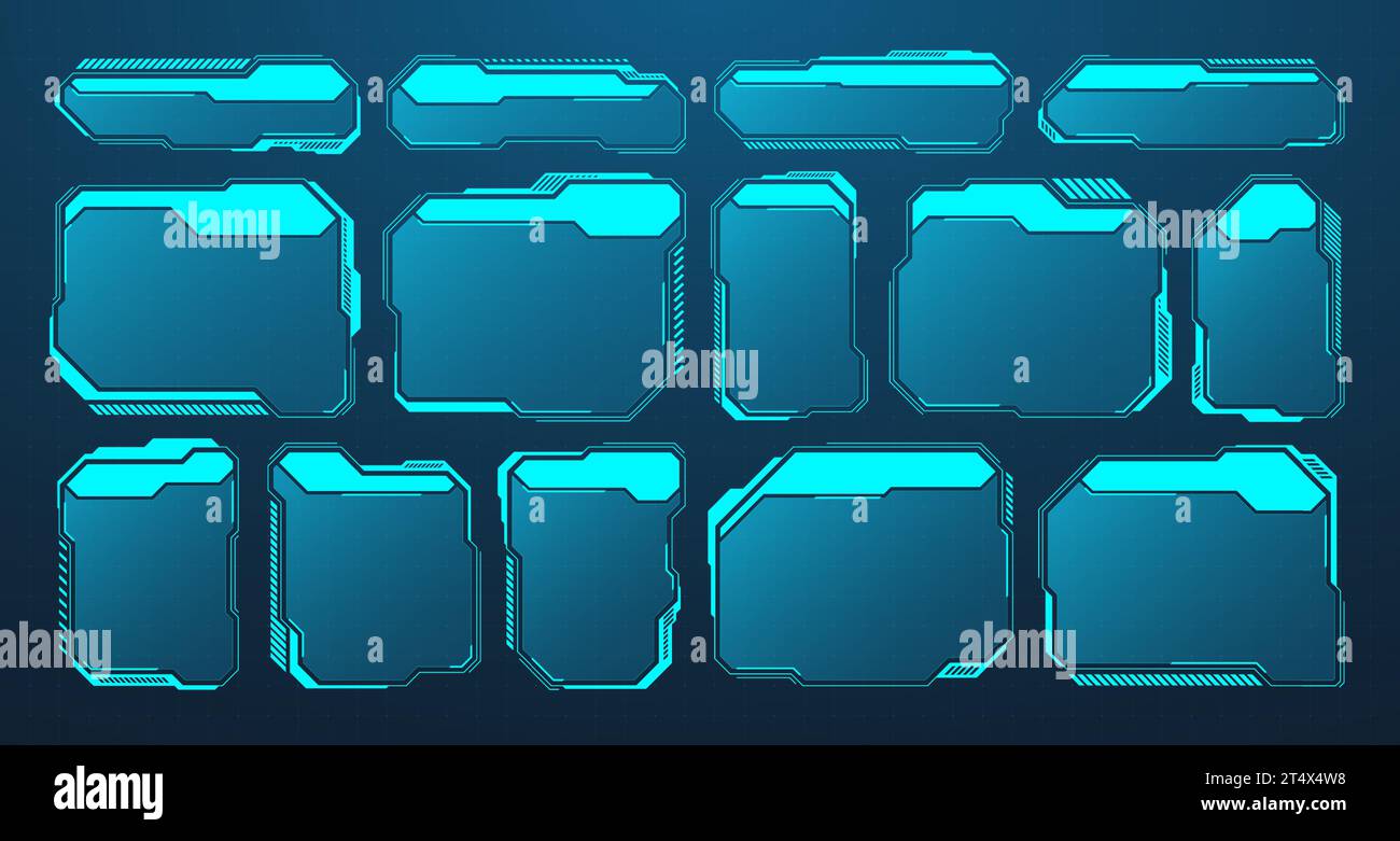 Éléments HUD ou UI futuristes bleus. Zones de texte et légendes de l'interface utilisateur SCI-fi. Cadres de message d'avertissement, modèle de zones d'information. Jeu moderne Illustration de Vecteur