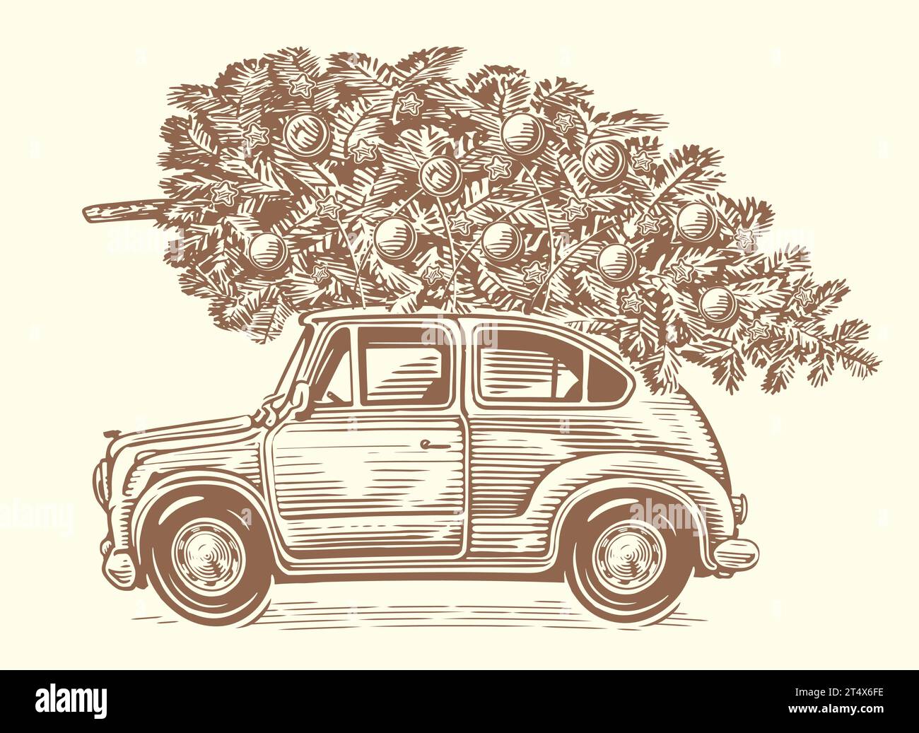 Conduite voiture rétro avec sapin décoré avec des décorations de Noël. Illustration vectorielle d'esquisse vintage dessinée à la main Illustration de Vecteur