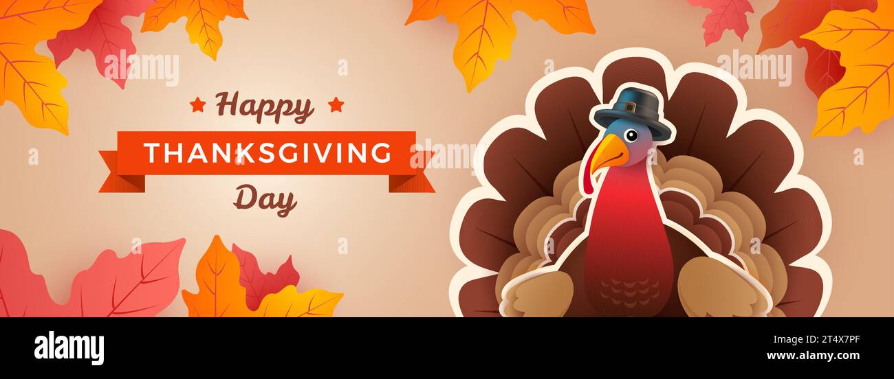 Bannière de dinde Happy Thanksgiving Day avec de la dinde Thanksgiving, des feuilles de feuillage d'automne et du lettrage Happy Thanksgiving Day. Illustration vectorielle Illustration de Vecteur