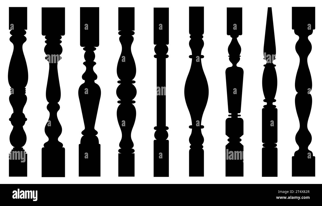 Illustration de différents fuseaux d'escalier et balustres isolés sur blanc Banque D'Images