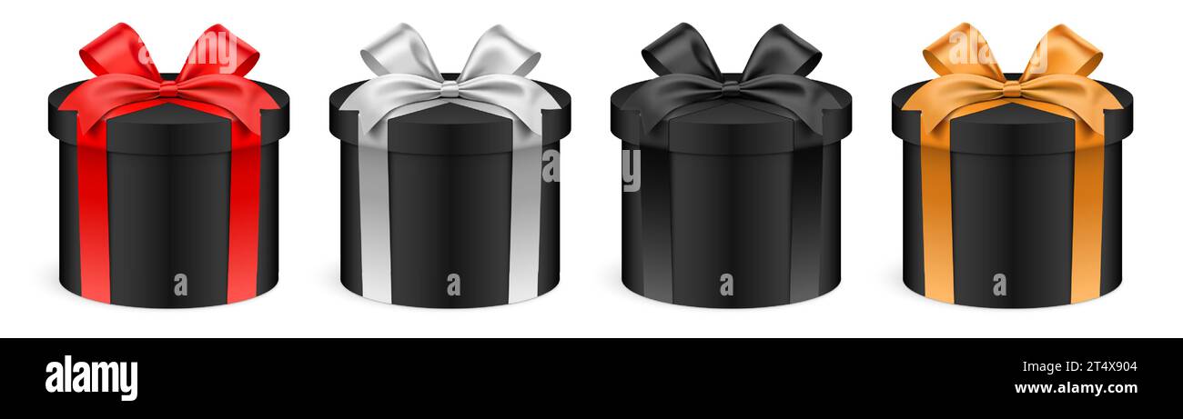 Boîtes-cadeaux noires de forme ronde avec des rubans colorés, isolés sur fond. Coffret cadeau cylindrique réaliste, illustration vectorielle. Illustration de Vecteur