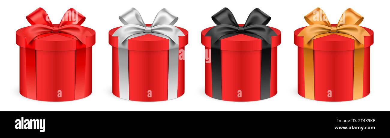 Boîtes-cadeaux rouges de forme ronde avec des rubans colorés, isolés sur fond. Coffret cadeau cylindrique réaliste, illustration vectorielle. Illustration de Vecteur