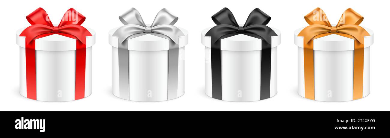 Boîtes-cadeaux blanches de forme ronde avec des rubans colorés, isolés sur fond. Coffret cadeau cylindrique réaliste, illustration vectorielle. Illustration de Vecteur