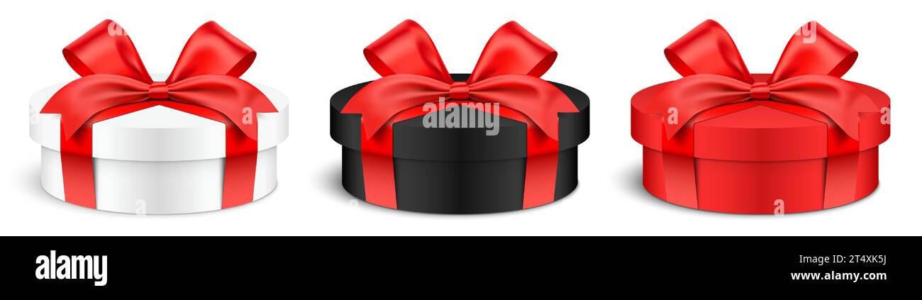 Boîtes-cadeaux de forme ronde de faible hauteur enveloppées de rubans. Couleur blanche, noire et rouge illustration vectorielle d'ensemble de boîte-cadeau cylindrique réaliste isolé sur fond blanc. Illustration de Vecteur
