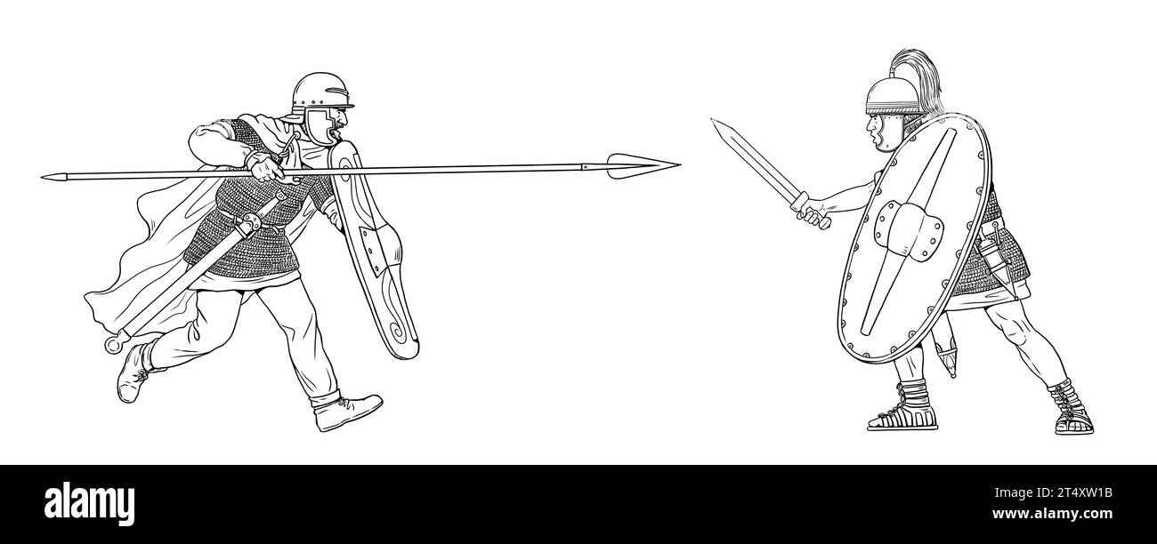 Légionnaire romain contre la Gaule. Jules César Guerre gauloise. Dessin historique. Banque D'Images