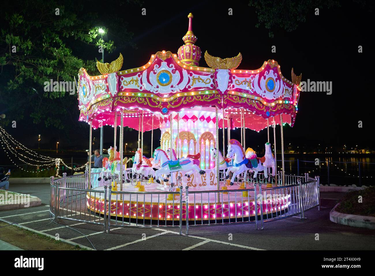 Carrousel classique illuminé la nuit dans la ville d'Ipoh, Malaisie Banque D'Images