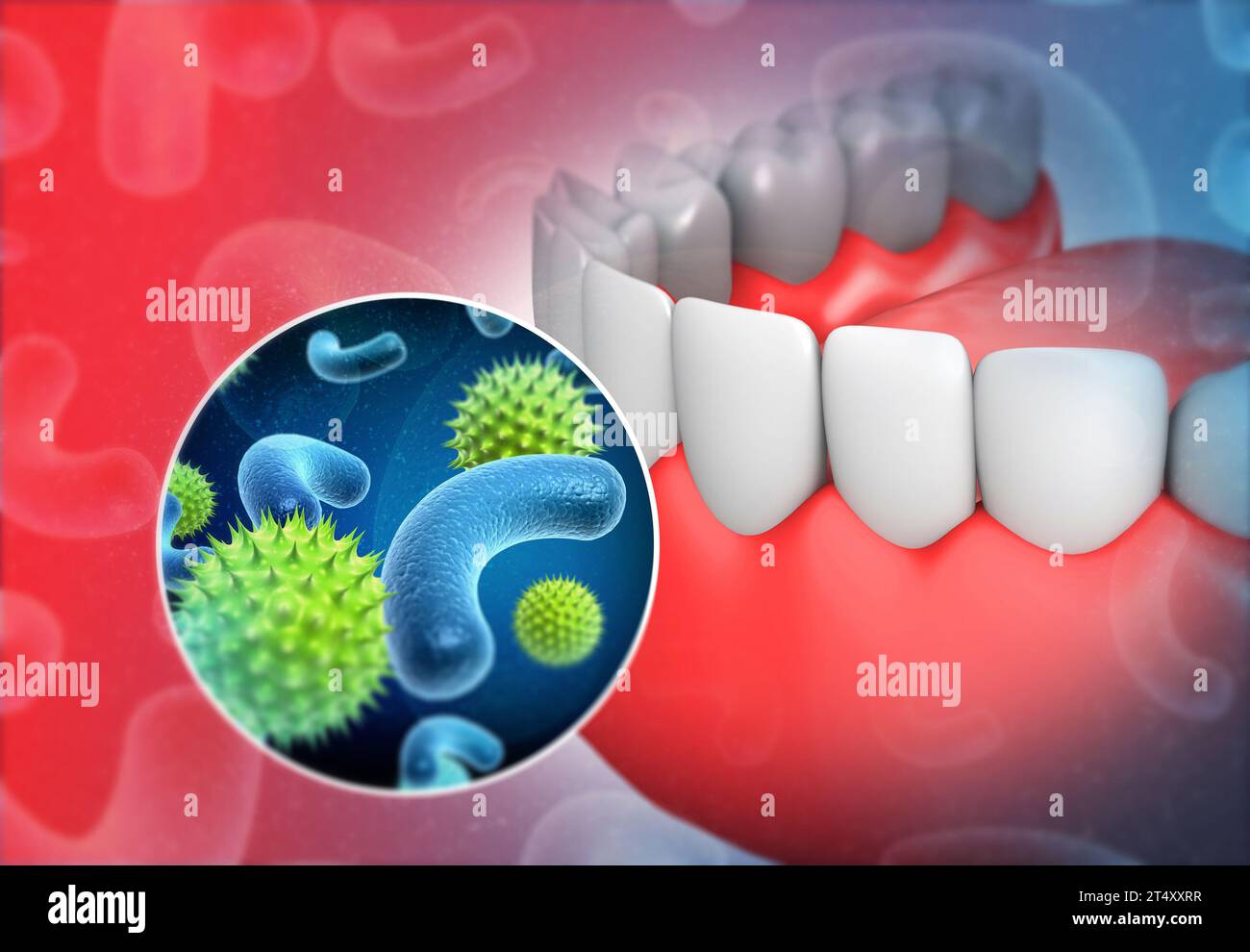 Dent humaine avec bactéries microscopiques et virus, germes. illustration 3d. Banque D'Images