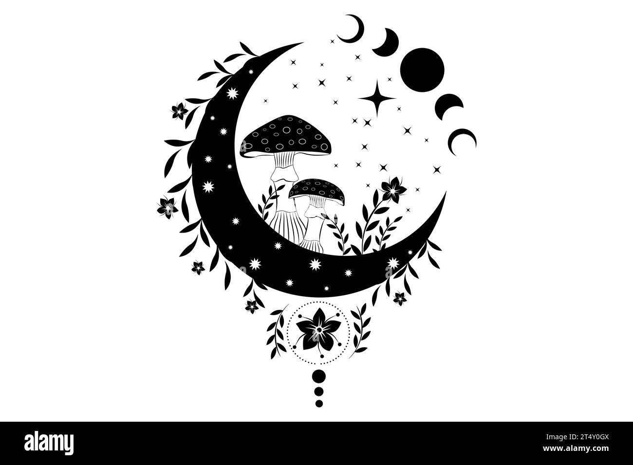 Champignons bohème mystiques célestes, Amanita muscaria magique avec lune et étoiles, symbole de sorcellerie, tatouage de logo ésotérique sorcier, phase de lune, floral Illustration de Vecteur