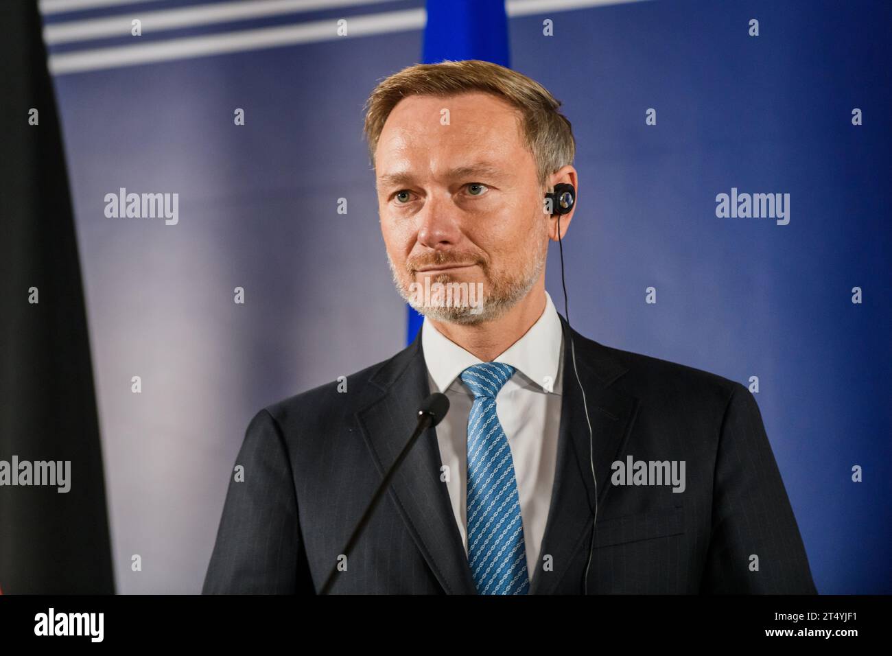 RIGA, Lettonie. 2 novembre 2023. Christian Lindner (sur photo), ministre des Finances de l'Allemagne et Arvils Aseradens, ministre des Finances de Lettonie, lors de la conférence de presse. Crédit : Gints Ivuskans/Alamy Live News Banque D'Images