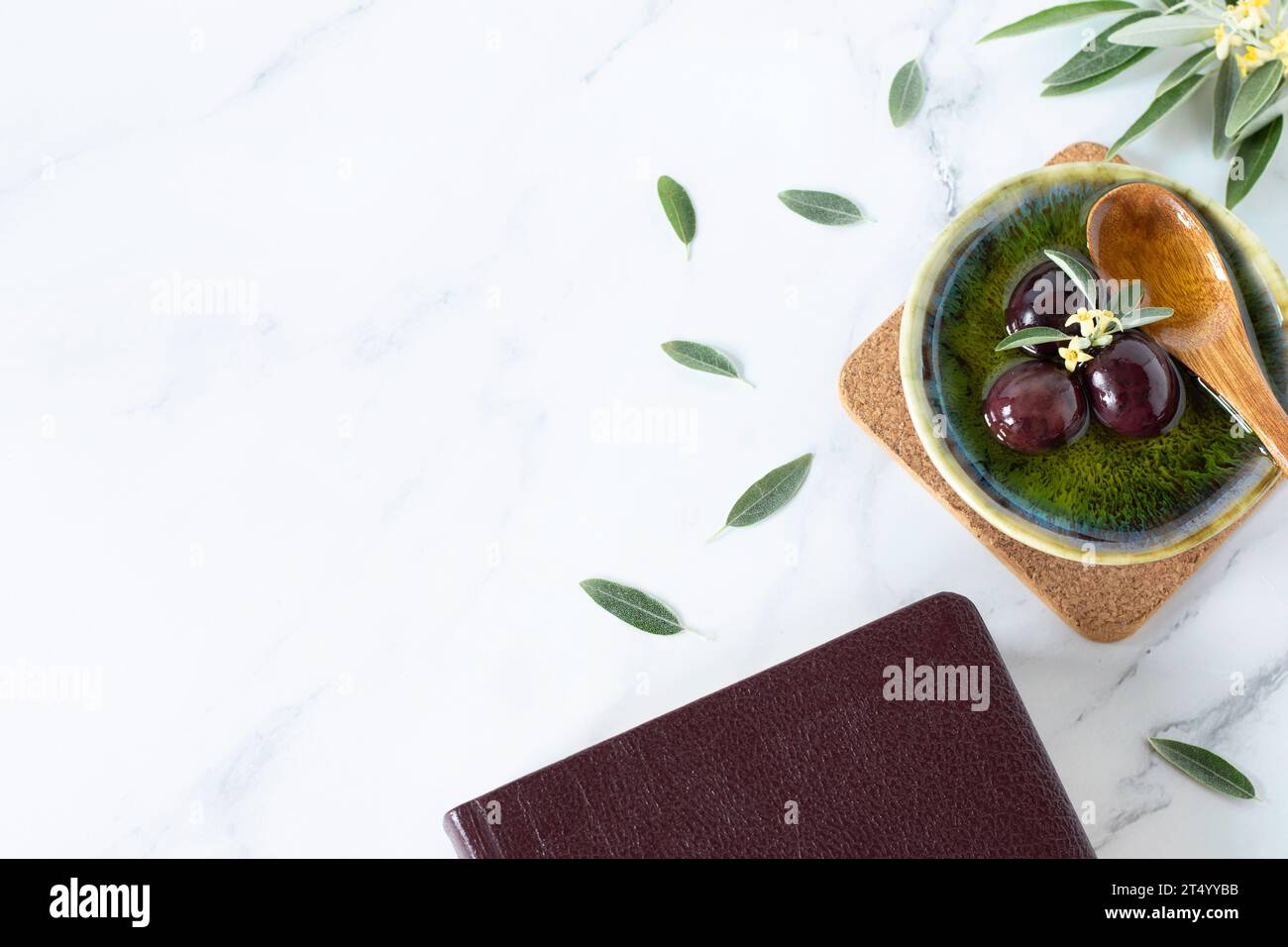 Huile d'olive pure avec olives et cuillère en bois, Livre biblique fermé, et branche verte sur blanc. Symbole du Saint-Esprit de Dieu, onction et concept de guérison. Banque D'Images