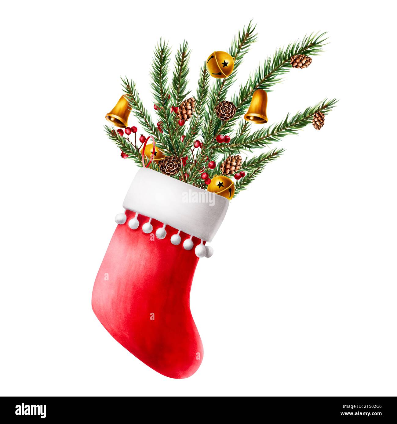 Bas de noël rouge aquarelle pour cadeaux avec branche de pin, cèdre, cônes de sapin, cloches dorées de baies. Illustration du nouvel an de vacances isolé sur WHI Banque D'Images