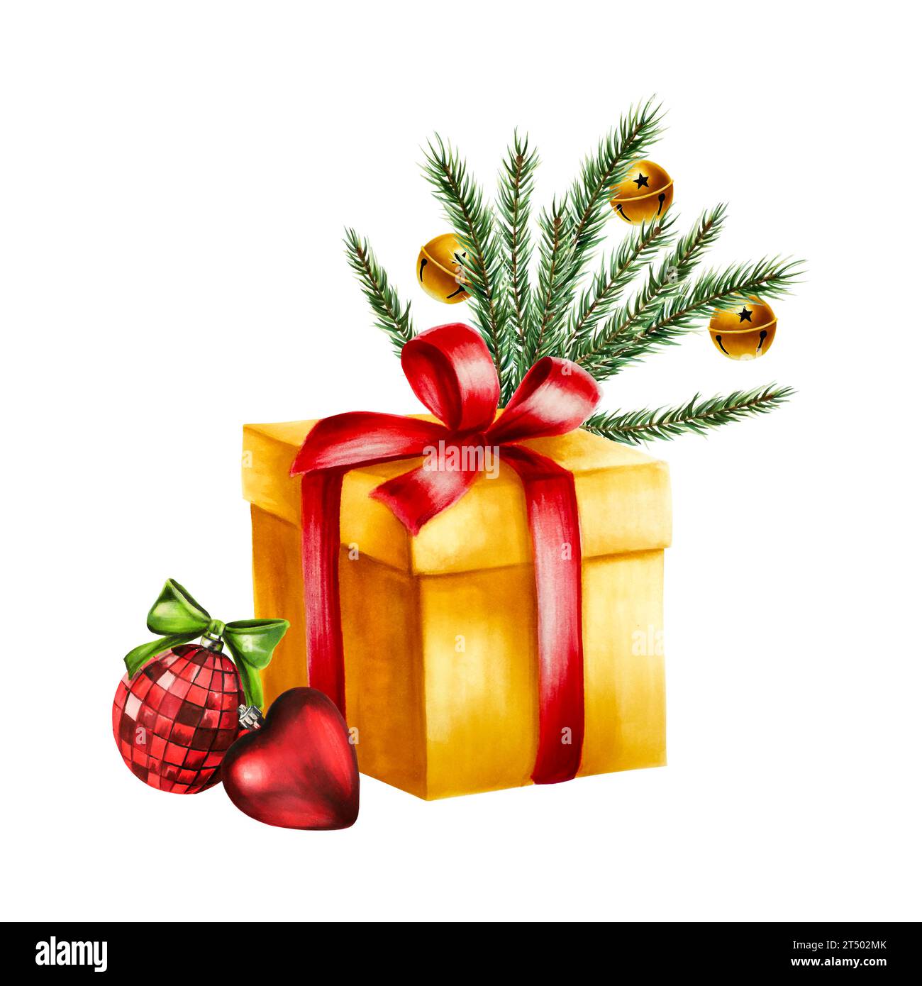 Cadeau d'aquarelle de noël et boules brillantes, branche de pin, cèdre, cônes de sapin, baies cloches dorées et illustration de jouets. Boîte cadeau or du nouvel an avec r Banque D'Images