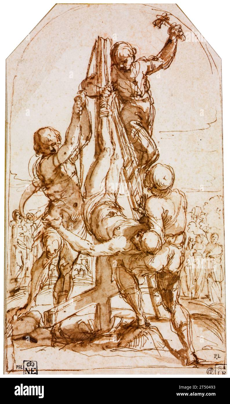 Guido Reni, Crucifixion de Saint Pierre, dessin à la plume et à l'encre à la craie, 1604 Banque D'Images