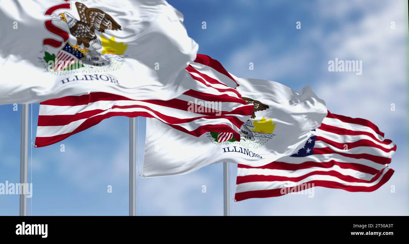 Drapeaux de l'état de l'Illinois agitant avec le drapeau national des drapeaux américains par temps clair. Drapeau de l'État AMÉRICAIN. Fierté et concept de patriotisme. Illustration 3D. Banque D'Images
