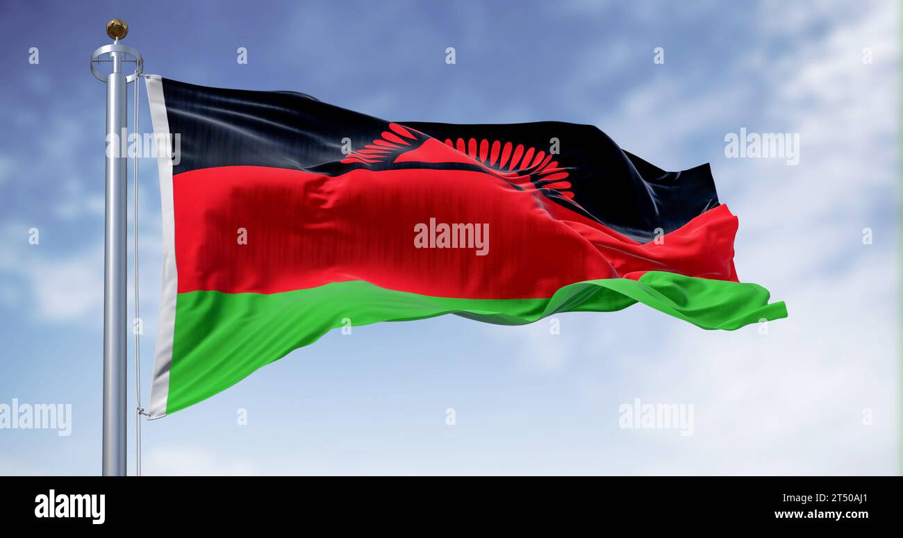 Drapeau national du Malawi agitant dans le vent par temps clair. Rayures noires, rouges, vertes avec un soleil levant en noir. rendu d'illustration 3d. fabr. Ondulant Banque D'Images
