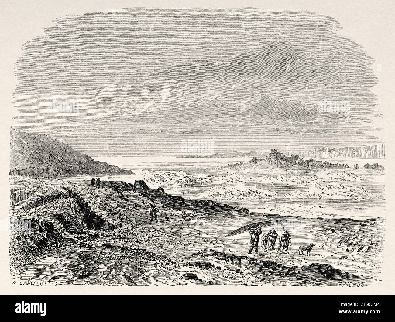 Vue sur l'embouchure de la rivière Back, depuis l'île de Montréal. Histoire de l'expédition perdue de Franklin dans l'Arctique (1786-1847) gravure ancienne du 19e siècle du Tour du monde 1860 Banque D'Images