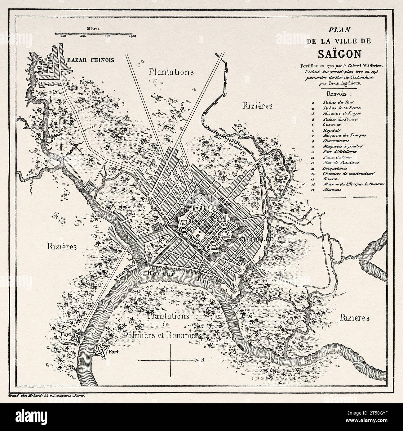 Ancienne carte de la ville de Saigon. Vietnam. Indochine. Gravure ancienne du 19e siècle du Tour du monde 1860 Banque D'Images