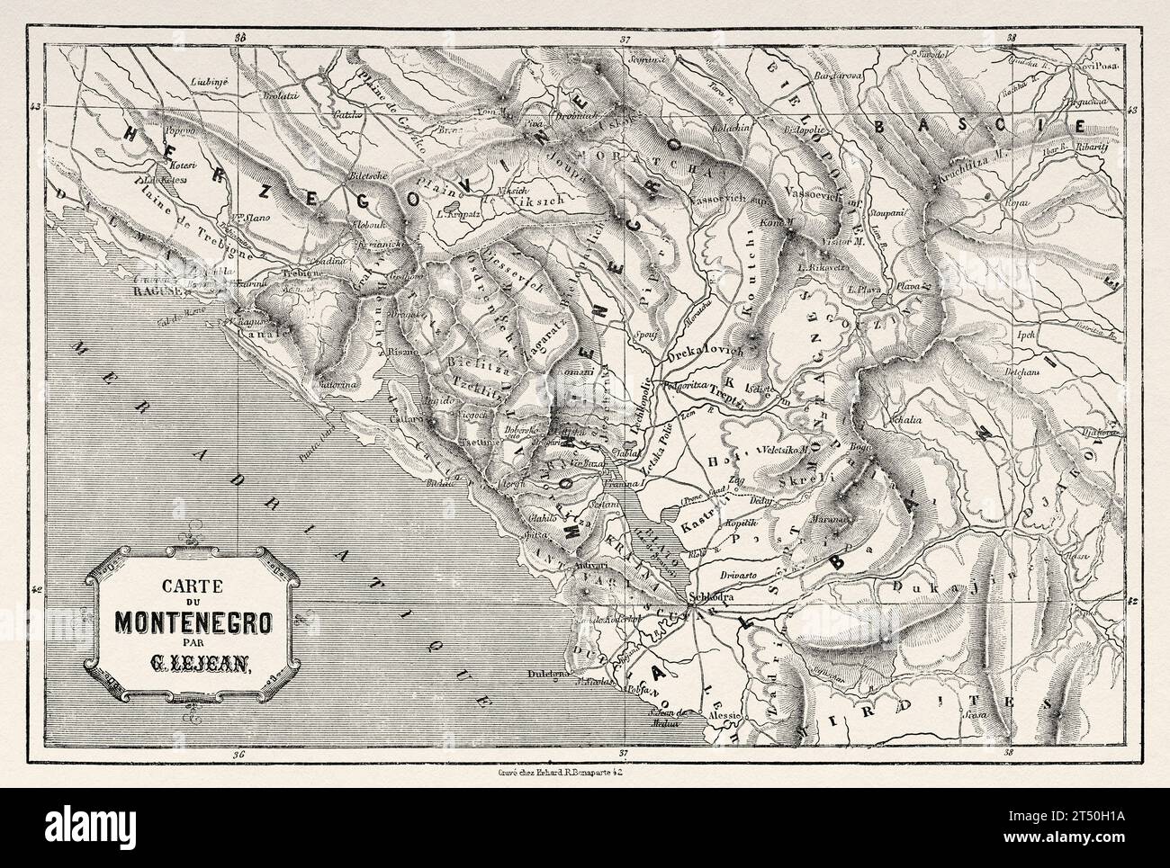 Ancienne carte du Monténégro. Europe. Voyage en Albanie et au Monténégro en 1858 par l'explorateur français Guillaume Lejean. Gravure ancienne du 19e siècle du Tour du monde 1860 Banque D'Images