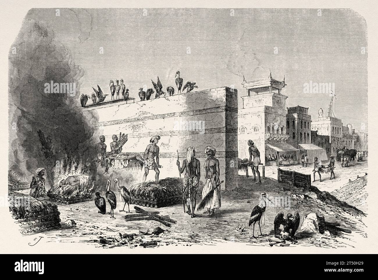 Crémation des morts sur des bûchers funéraires, Calcutta, Inde du Sud, Océan Indien. Gravure ancienne du 19e siècle du Tour du monde 1860 Banque D'Images