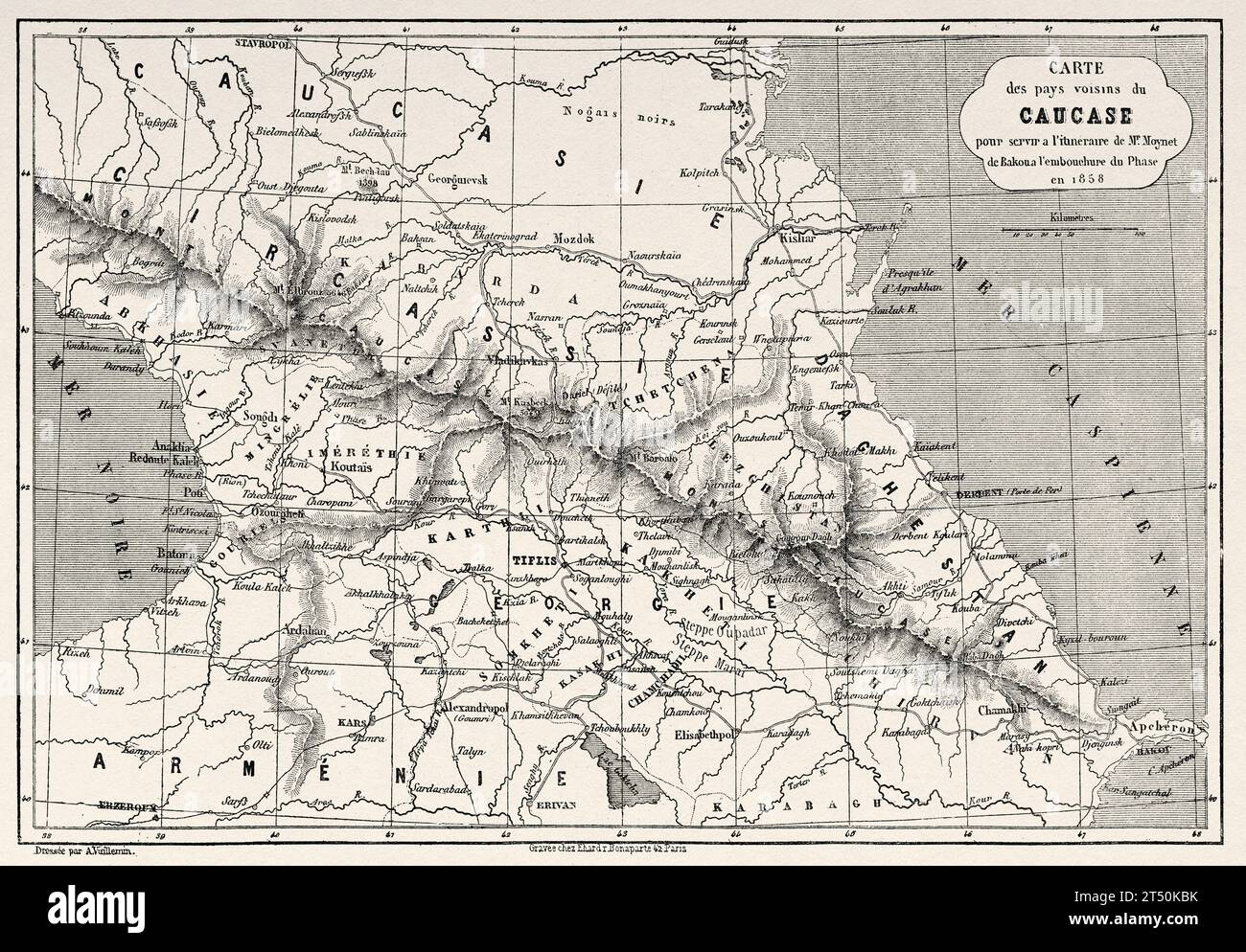 Ancienne carte du Caucase pour desservir la route de Moynet de Bakou à l'embouchure de la rivière Phasis 1858. Azerbaïdjan. Voyage vers la mer Noire et la mer Caspienne en 1858 par Moynet. Gravure ancienne du 19e siècle du Tour du monde 1860 Banque D'Images Ancienne carte du Caucase pour desservir la route de Moynet de Bakou à l'embouchure de la rivière Phasis 1858. Azerbaïdjan. Voyage vers la mer Noire et la mer Caspienne en 1858 par Moynet. Gravure ancienne du 19e siècle du Tour du monde 1860 Banque D'Images