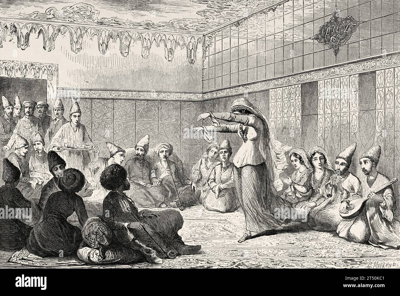 Scène de danse lors d'une soirée dans la maison d'un riche Tatar à Shamaki, Azerbaïdjan. Voyage vers la mer Noire et la mer Caspienne en 1858 par Moynet. Gravure ancienne du 19e siècle du Tour du monde 1860 Banque D'Images