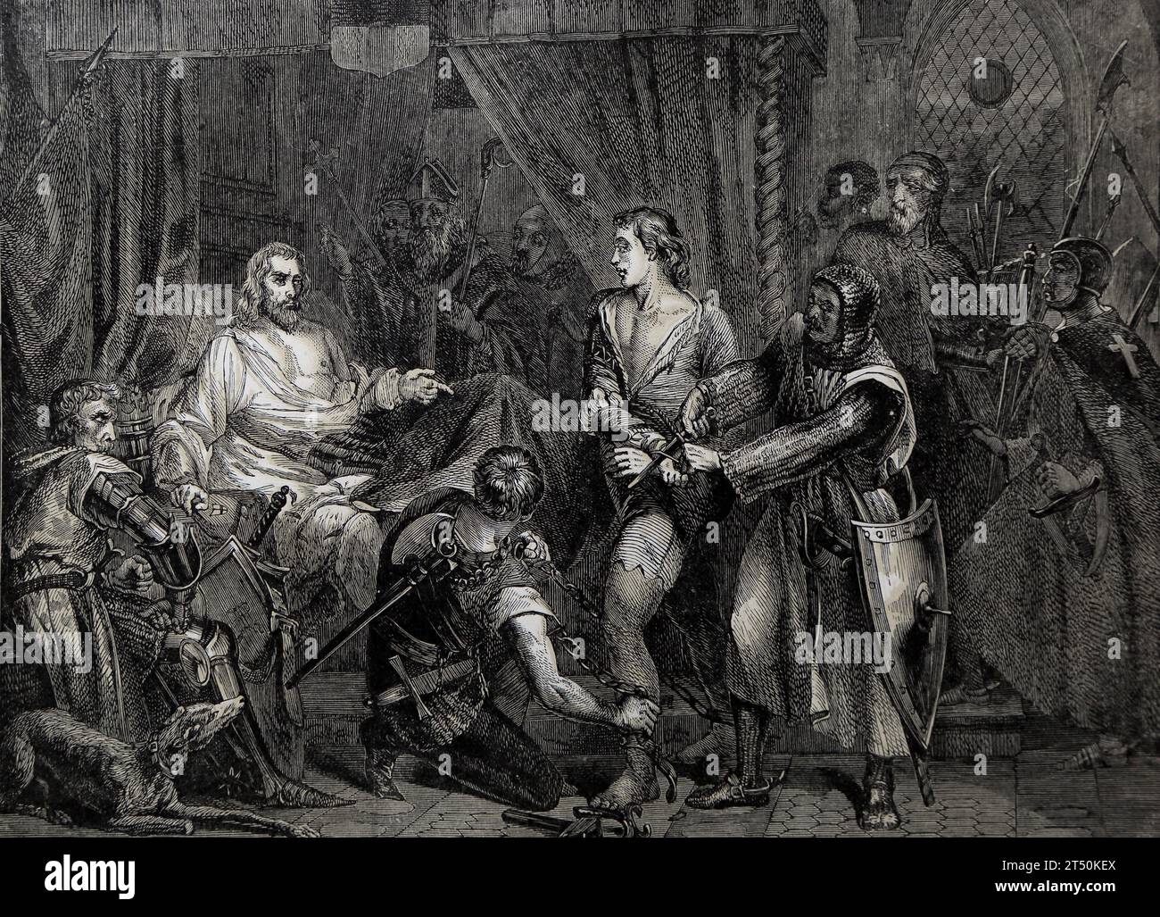 Illustration de Richard coeur de lion (Richard coeur de Lion) sur son lit de mort à chaluz pardonnant Betrund de Gurdun après qu'il ait mortellement blessé le roi Banque D'Images