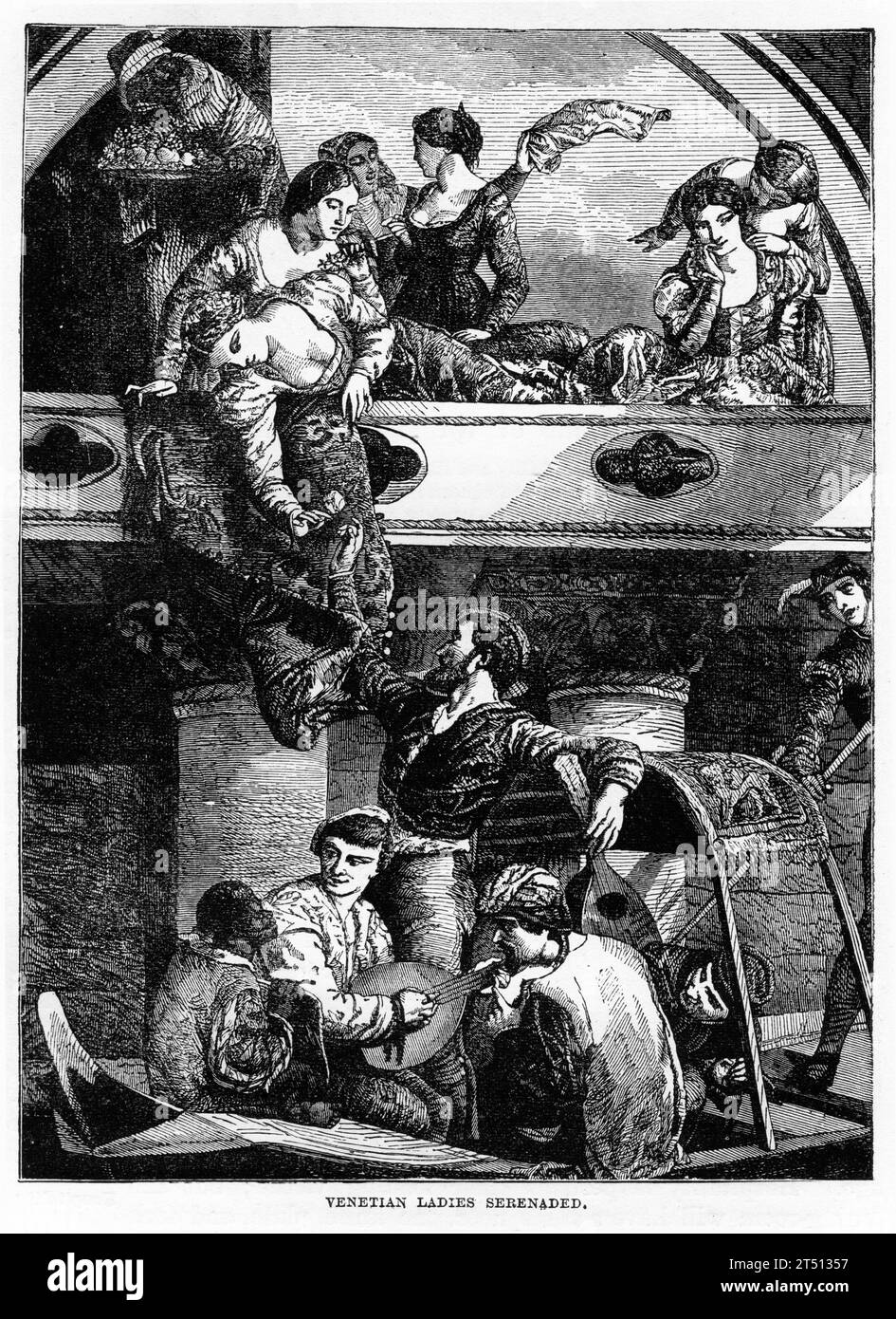 Gravure de jeunes hommes faisant la sérénade des jeunes dames de Venise, publiée en 1887 Banque D'Images