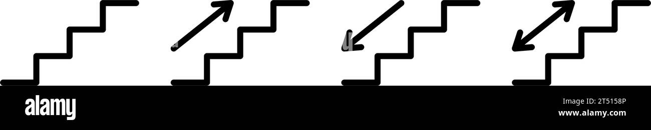 Icône d'escalier haut et bas avec flèche. Panneau de direction de l'escalier. Symbole d'escalier haut et bas. Pictogramme noir d'escalier roulant. Illustration vectorielle isolée sur Illustration de Vecteur